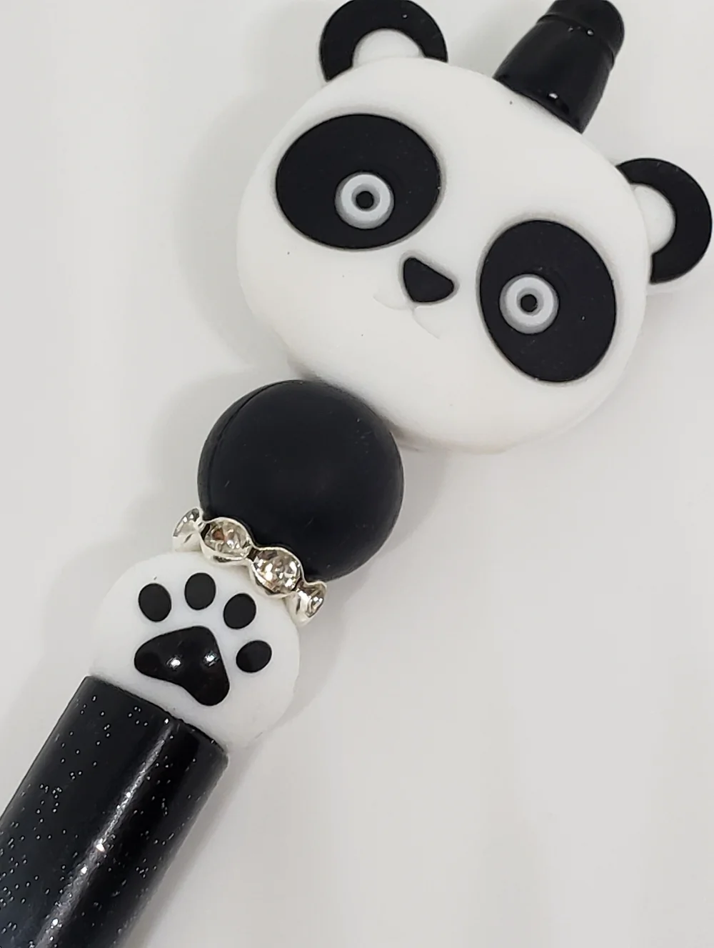 Handmade Glitter Black White Kawaii Panda Beaded Silicone Focal Bead Pen